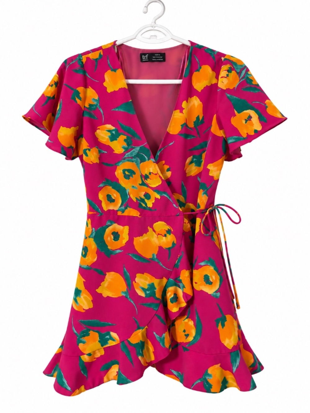 Zara TRF Pink Floral Wrap Romper Playsuit Flutter Sleeve Ruffle V-Neck | Medium